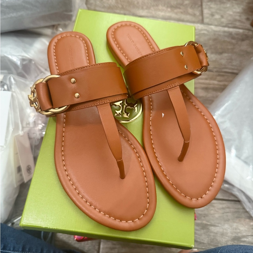 Tory Burch Tan Leather Sandals with Gold Accents